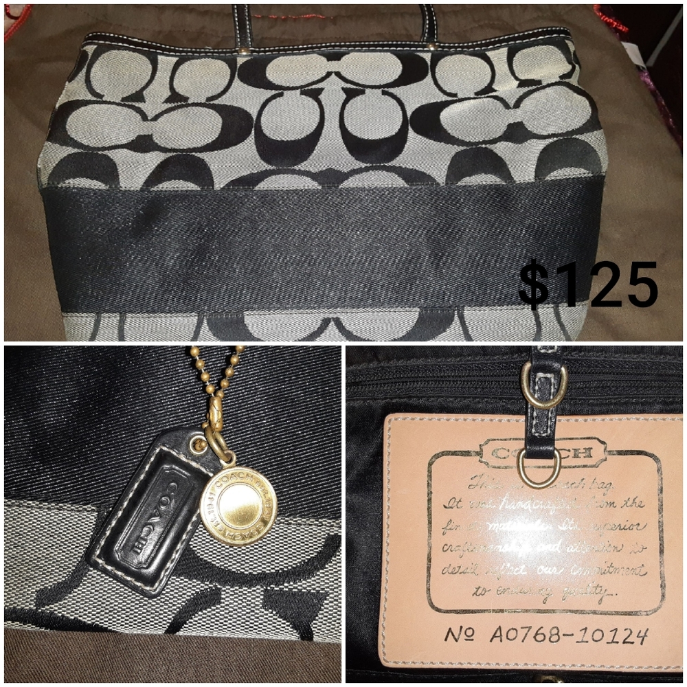 Gray and black coach purse